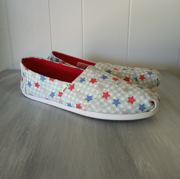 Toms White Blue Gingham Stars Glow In The Dark Alpargata Women's Size 11 - Picture 1 of 16